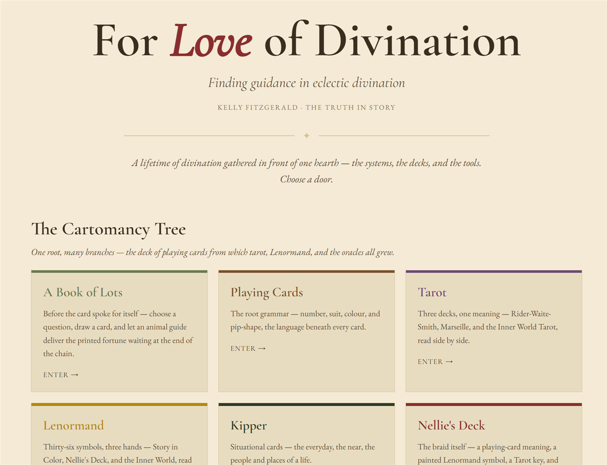 The For Love of Divination Hearth, showing the Cartomancy Tree category tiles.
