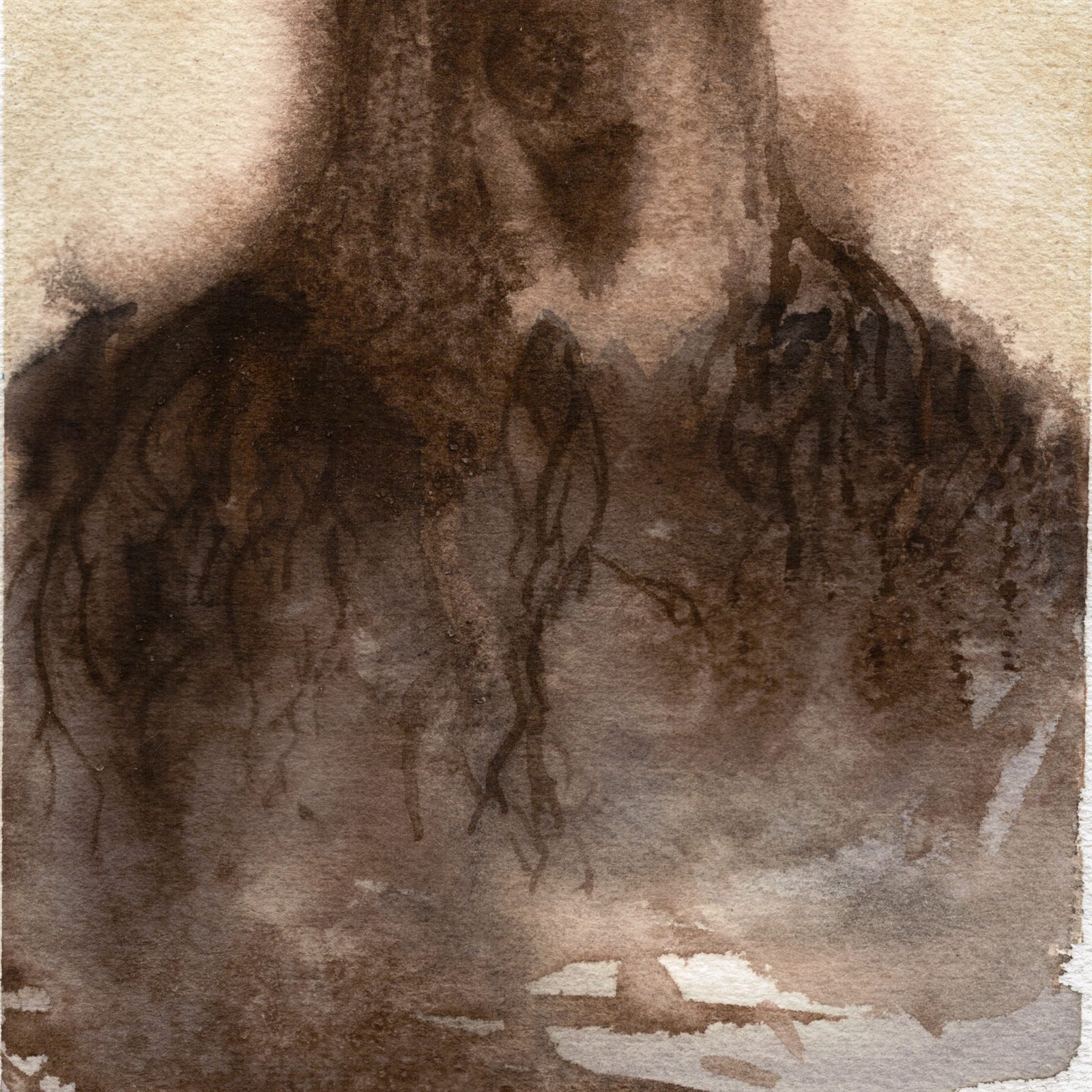 A sepia watercolor painting of a tree with roots spreading below, by Kelly Fitzgerald.